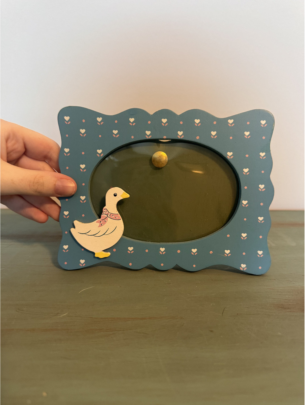 Vintage 1980s Country Goose Wooden Picture Frame Blue with White Hearts & Bow